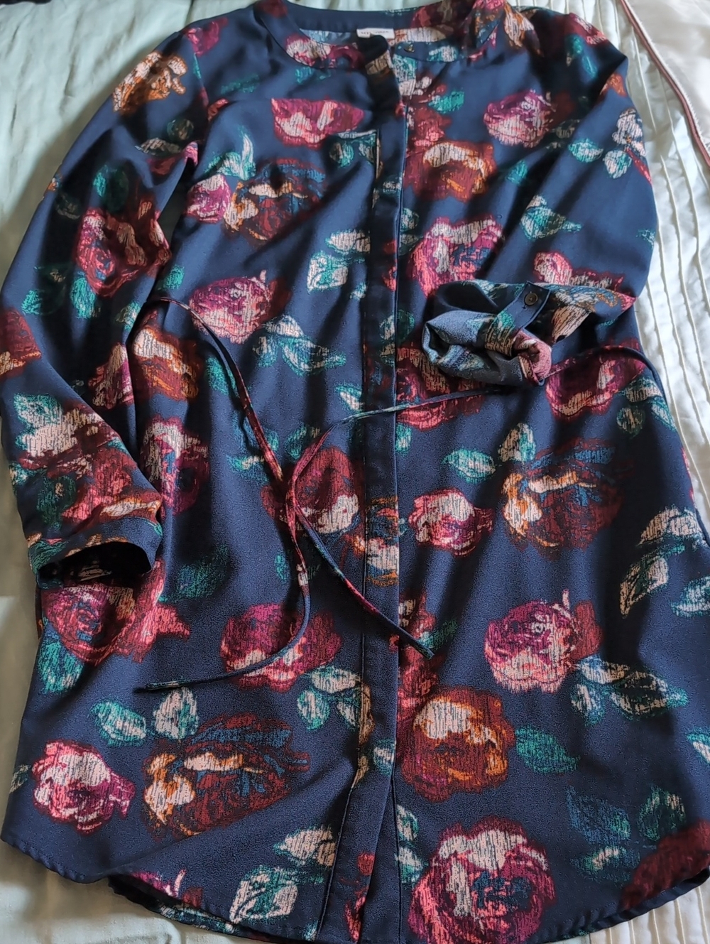 Merona Navy Floral Long-Sleeve Shirt Dress